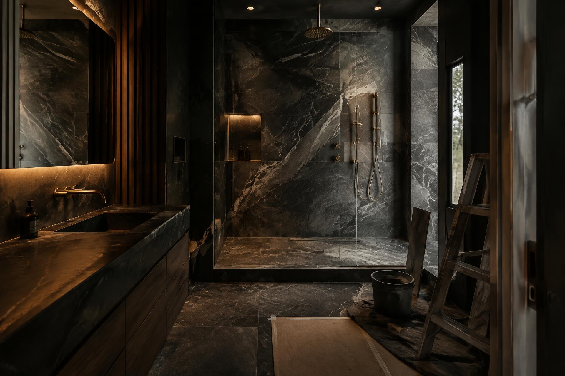 Luxury bathroom remodel with marble tile and brass fixtures